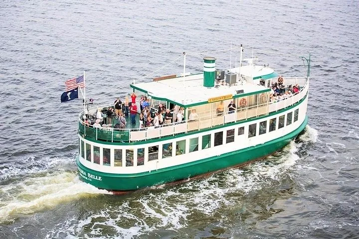 Ein grün-weißes Passagierschiff befördert Menschen auf dem Wasser.