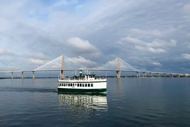 Ein grün-weißes Passagierschiff fährt auf dem Wasser in der Nähe einer Brücke.